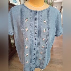 Lemon Grass Vintage Plus Size 20W Embroidered Denim Button-Up Shirt
